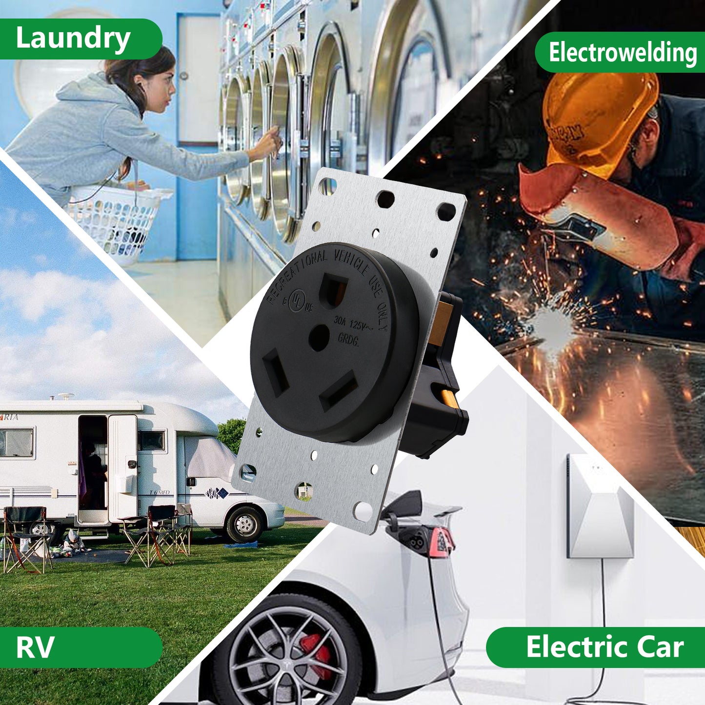 iGFCI NEMA TT-30R Industrial Power Wall RV Receptacle 30Amp 125V 3 Pole 3 Wire Power Socket,Work for RV Trailer,UL Listed,Black