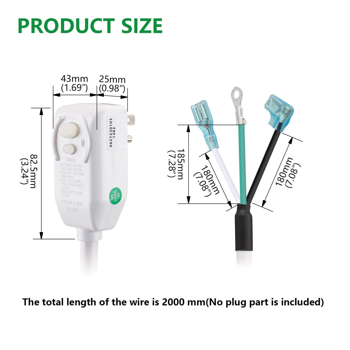 LCDI Power Cord Plug NEMA5-15P Air Conditioning Extension Cable AC120V 10Amp 1200W 60Hz Leakage Current Detection Interrupter UL Listed White