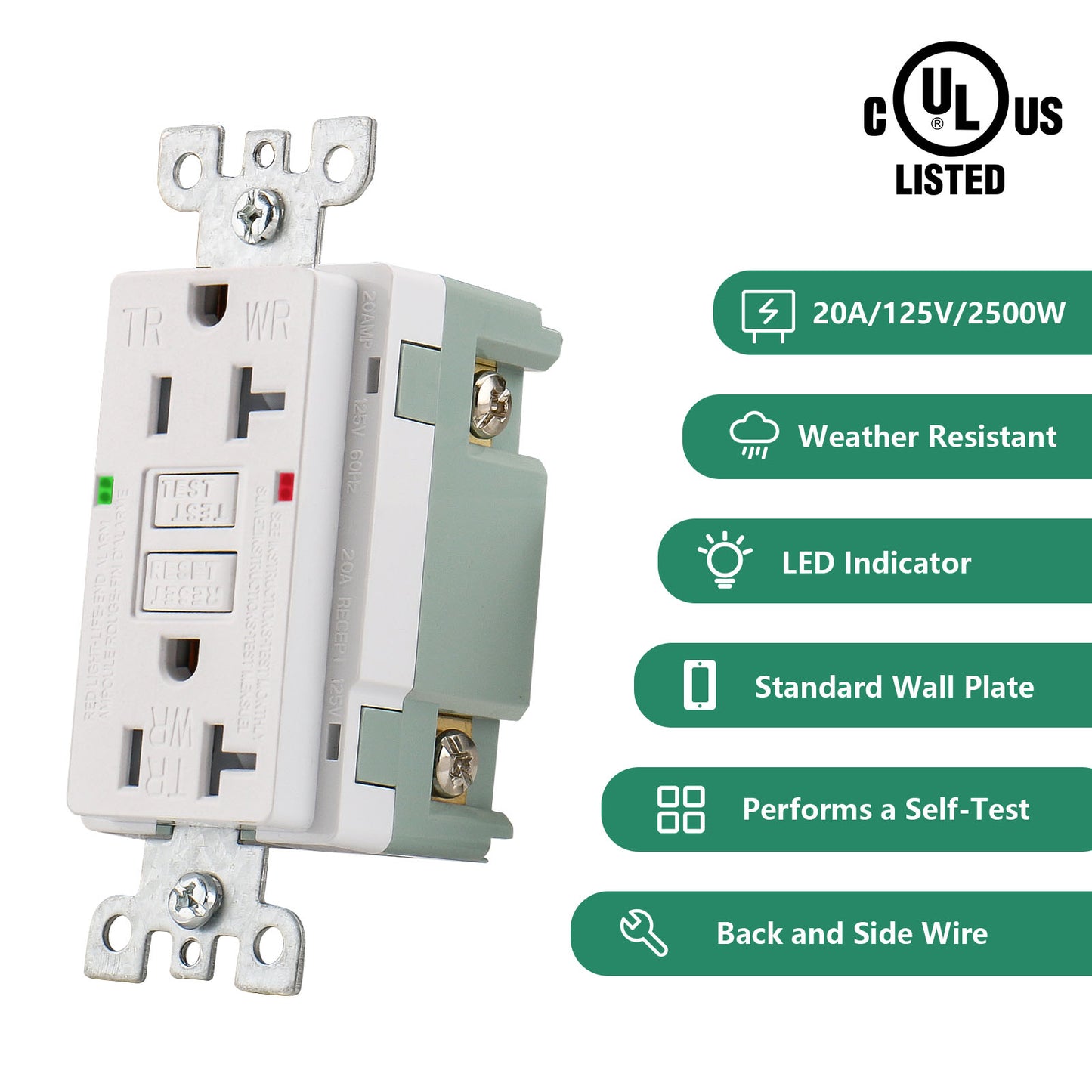 iGFCI Outlet Tamper Resistant,Weather Resistant,20Amp,1pack,Decorative Wallplate Included,Automatic Trip Protection,Indoor or Outdoor Use,GFI UL&CUL listed White