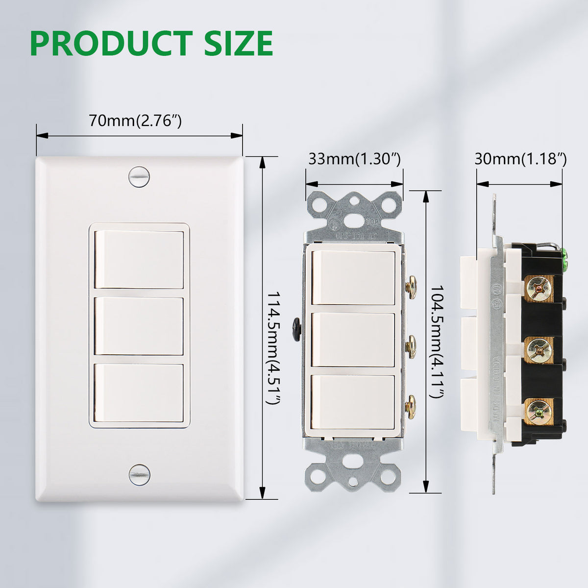 iGFCI Triple Rocker Combination Decorator Switch,15A 120-277VAC,Ground Terminal,Residential/Commercial Grade,3 Individual Switches,UL Listed,Wall Plate isIncluded