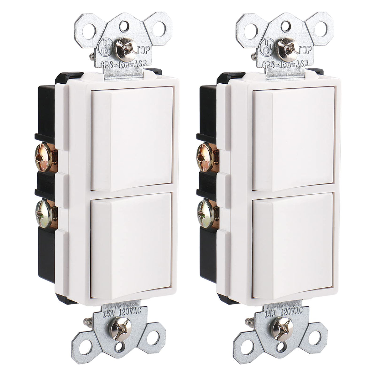 Duplex Rocker Combination Decorator Switch,120-277VAC 15A,Ground Terminal,Residential/Commercial Grade,2 Individual Switches,UL Listed