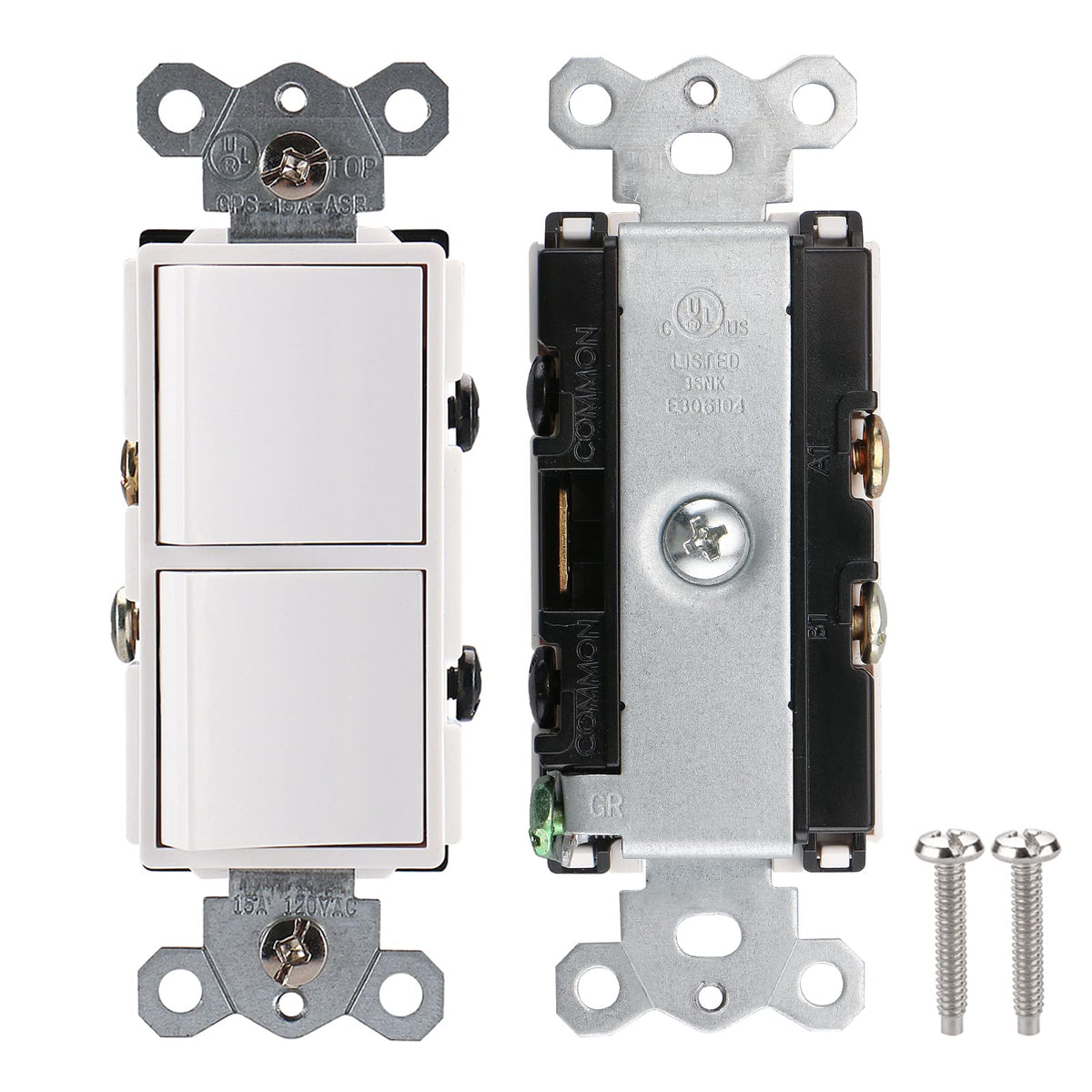 Duplex Rocker Combination Decorator Switch,120-277VAC 15A,Ground Terminal,Residential/Commercial Grade,2 Individual Switches,UL Listed