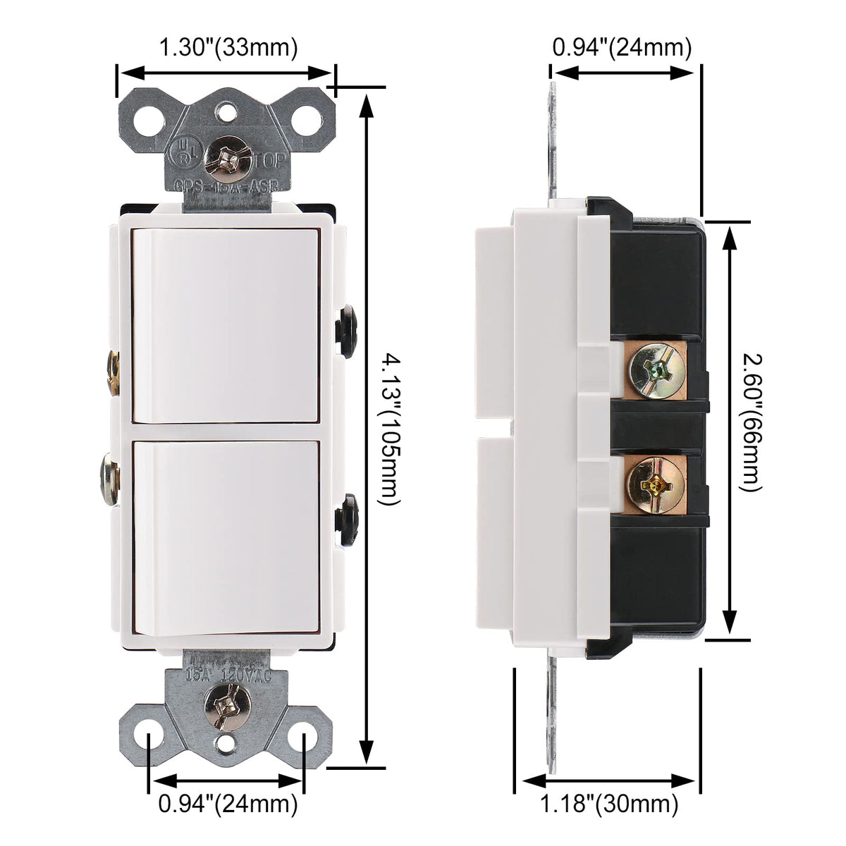 Duplex Rocker Combination Decorator Switch,120-277VAC 15A,Ground Terminal,Residential/Commercial Grade,2 Individual Switches,UL Listed