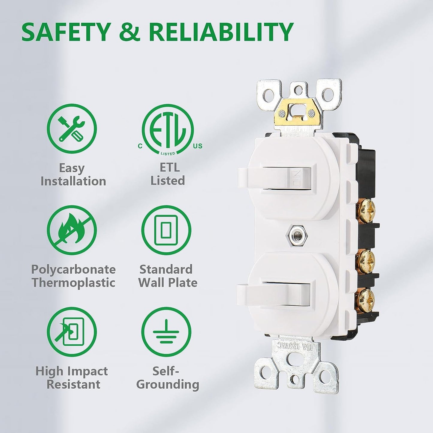 iGFCI Double Toggle Light Switch,15Amp 120Volt,Residential Grade Electrical Wall Switch,Great for Home, Office & Kitchen, ETL Listed,White