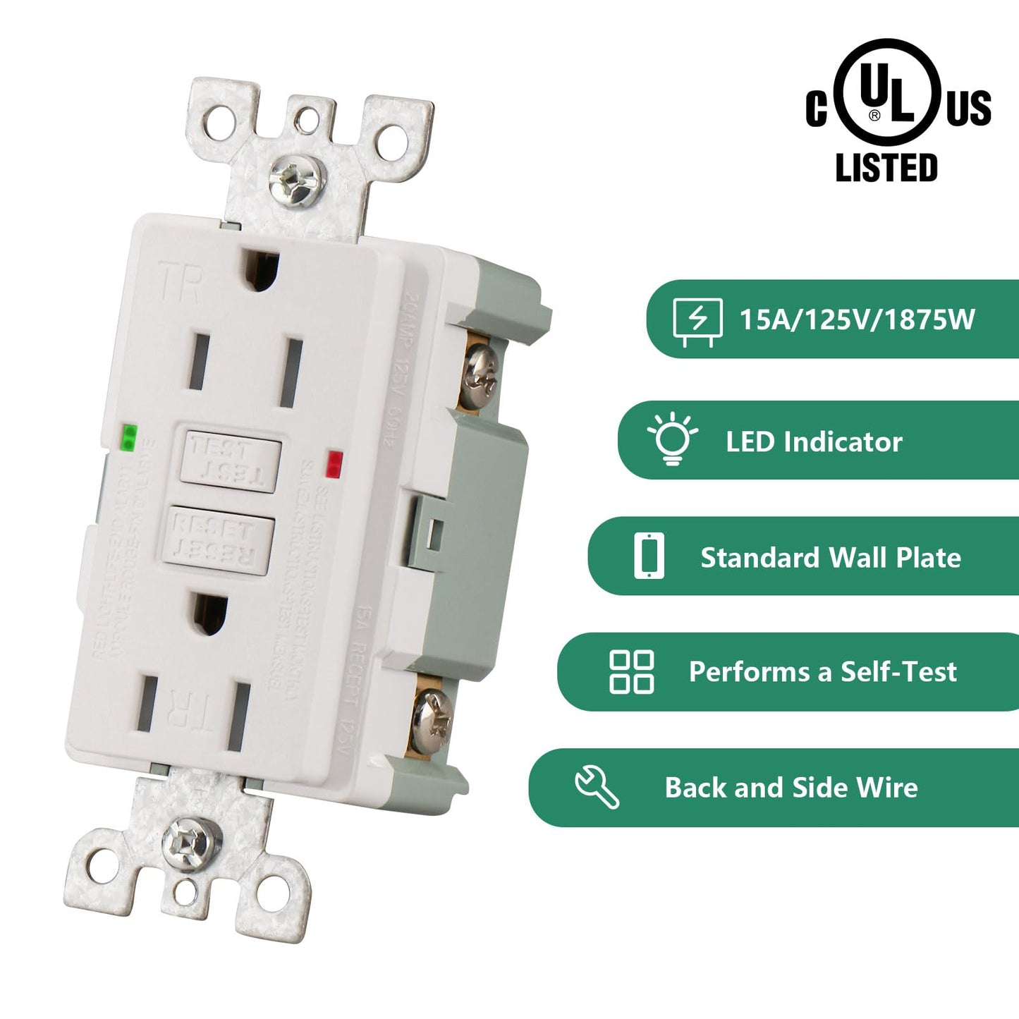 GFCI Outlet Tamper Resistant,125VAC 15A,LED Indicator,Ground Fault Electric with Decor Wall Plates and Screws,UL Listed,Back &Side Wire,White