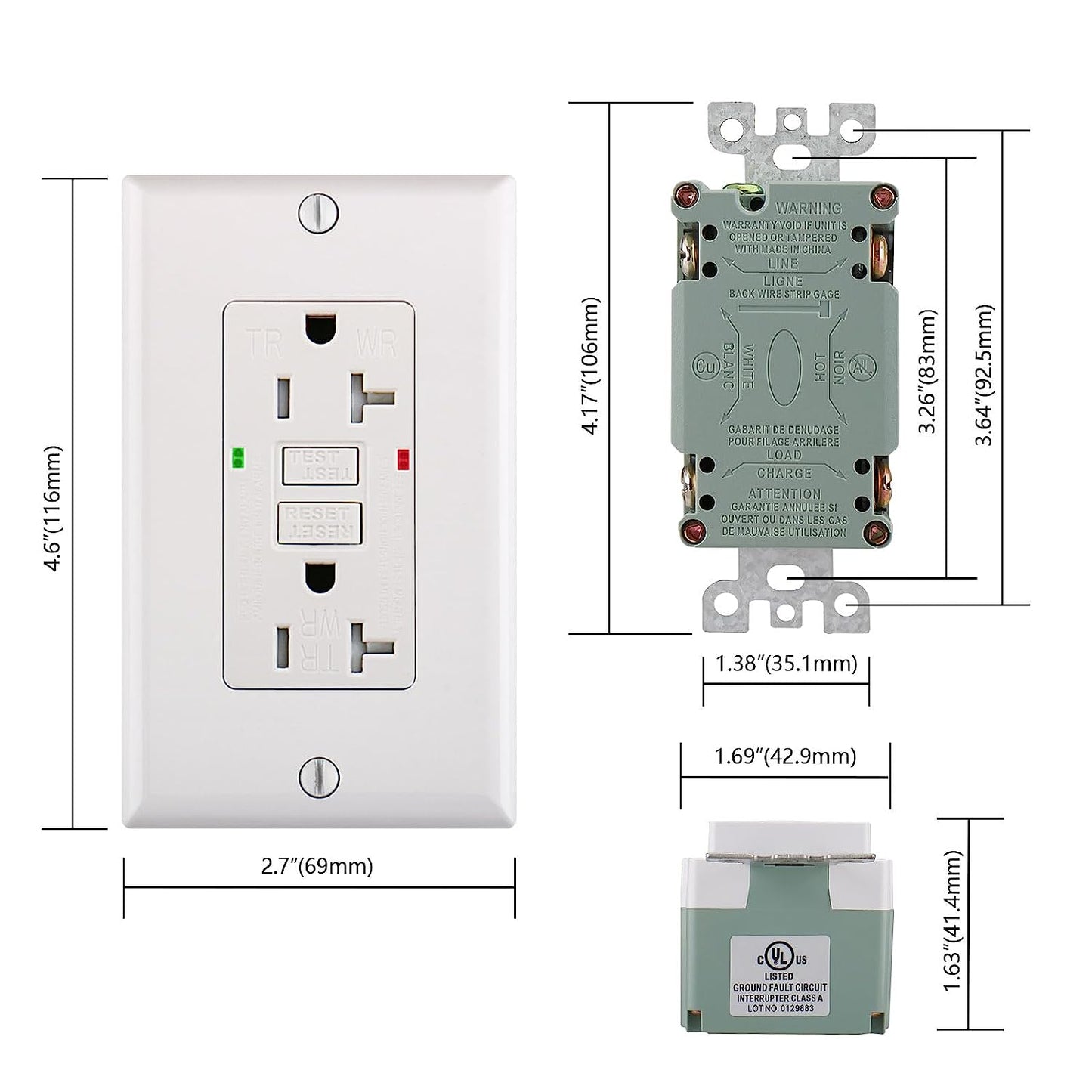 GFCI Receptacle Outlet,1pack,20Amp,Weather-Resistant and Tamper-Resistant LED Indicator Wall Plates and Screws Included UL Certified,White