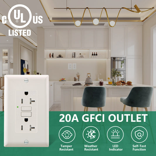 iGFCI Tamper Resistant&Weather Resistant GFCI Outlet,125VAC 20Amp,1pack,Self-Test Outlet,Meet UL2018,Electrical Outlet,Wall Plate and Screws Included,White