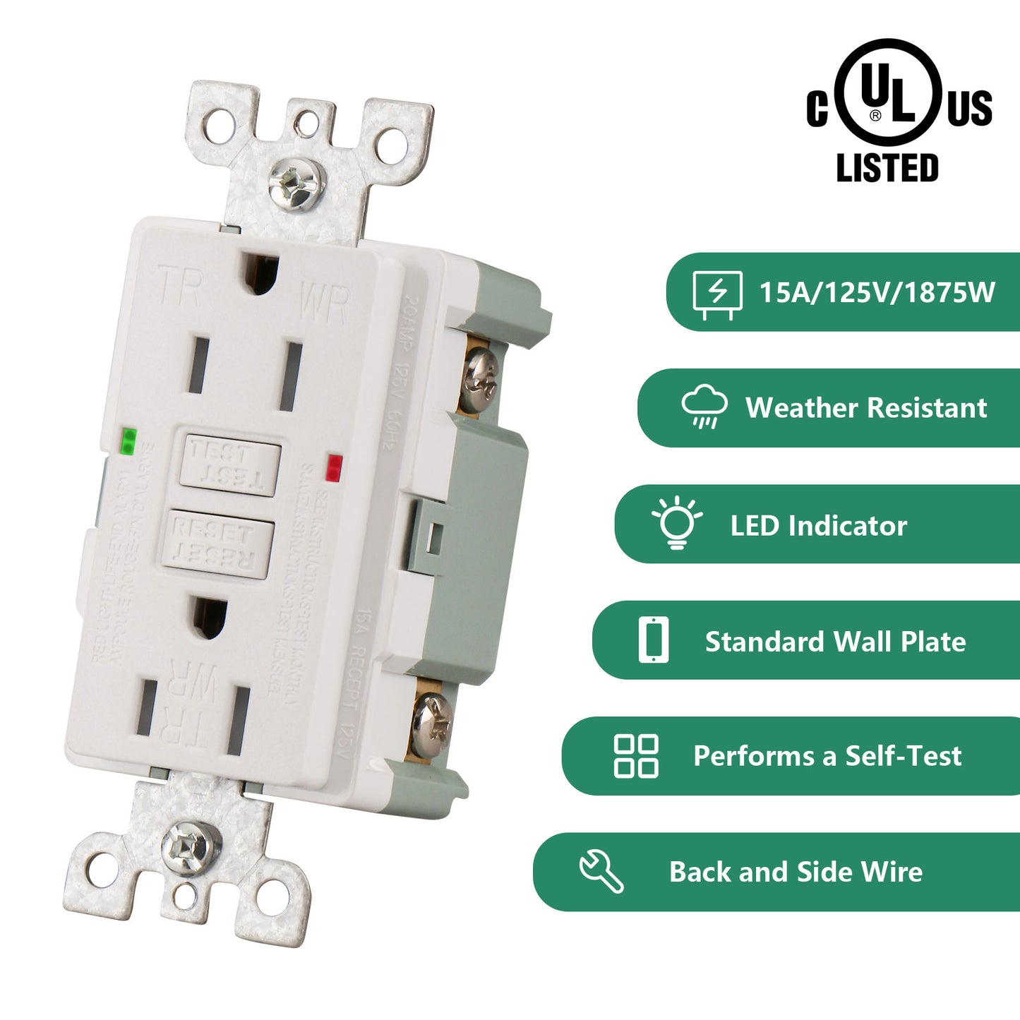 GFCI Outlet Receptacle,Ground Fault Electric Plugs,125V 15Amp,Weather-Resistant and Tamper-Resistant,GFI UL&CUL listed White