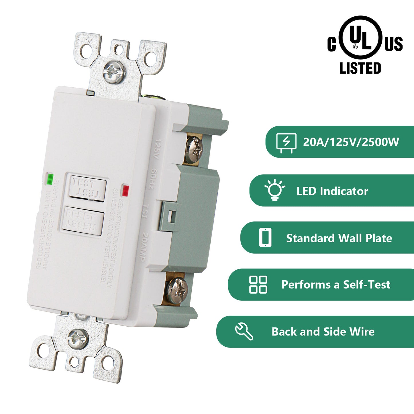 Blank Face GFCI,Self-Test with LED Indicator,120V 20Amp,UL Listed, Back &Side Wire,White