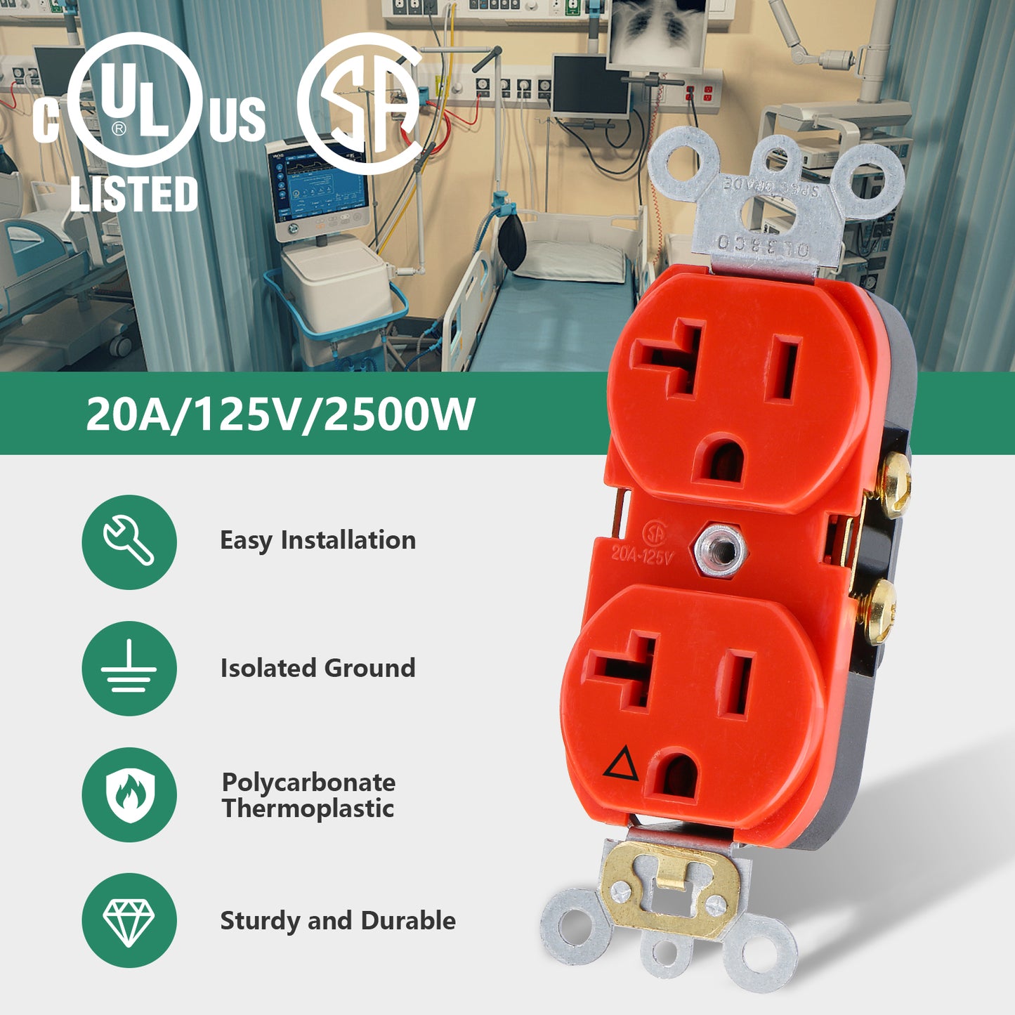 iGFCI Hospital Grade Outlet,Duplex Receptacle,125V 20Amp,Isolated Ground,Orange