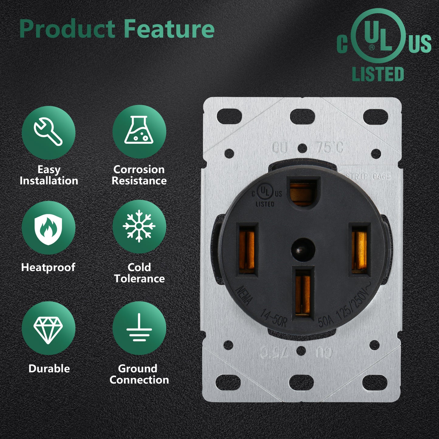 iGFCI 14-50R Industrial Socket 50Amp RV, EV, Dryer Flush Mounting Receptacle Socket 125/250V Commercial Grade Black Outlet,UL Listed,Black