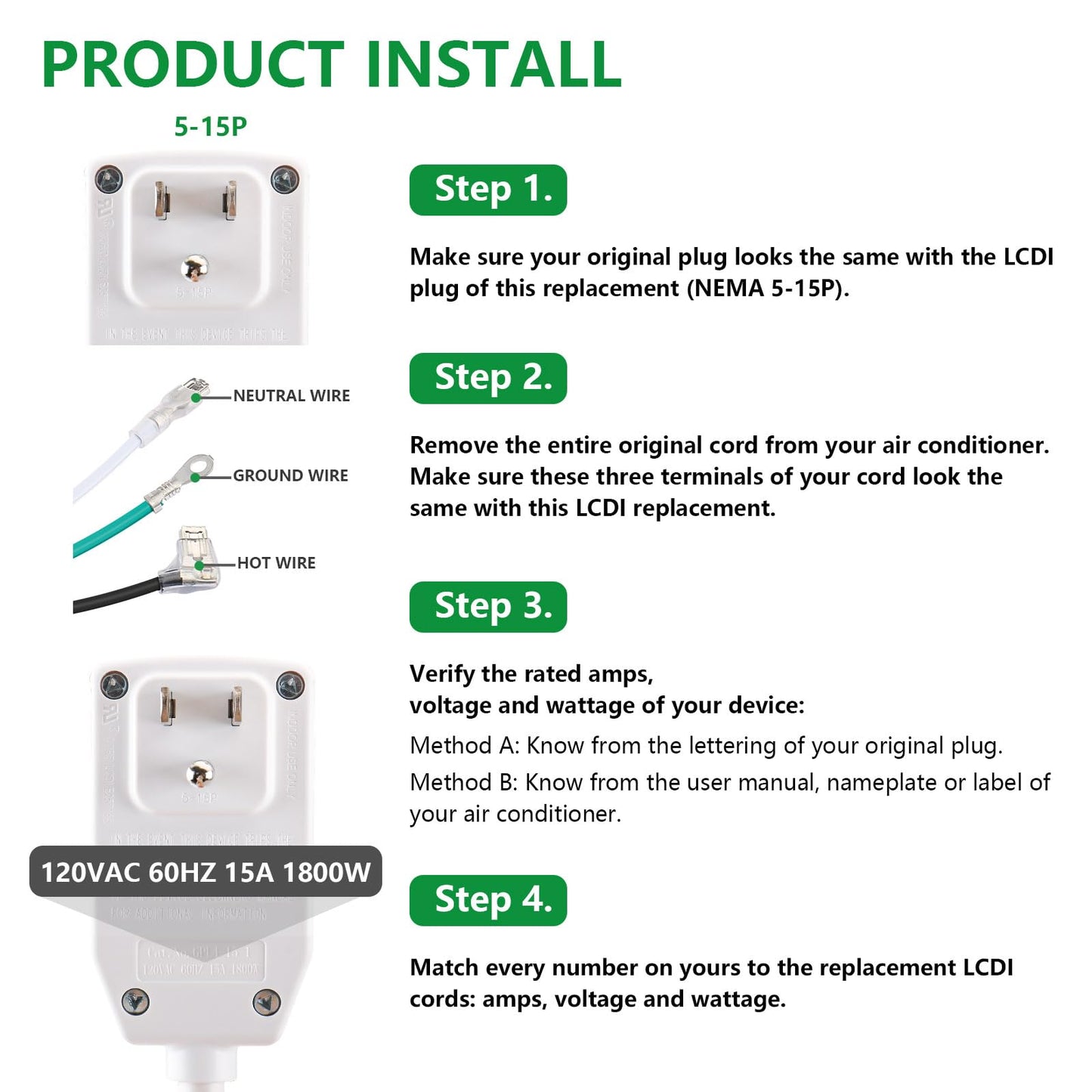 LCDI Power Cord Plug NEMA5-15P Air Conditioning Extension Cable AC120V 13Amp 1560W 60Hz Leakage Current Detection Interrupter UL Listed White