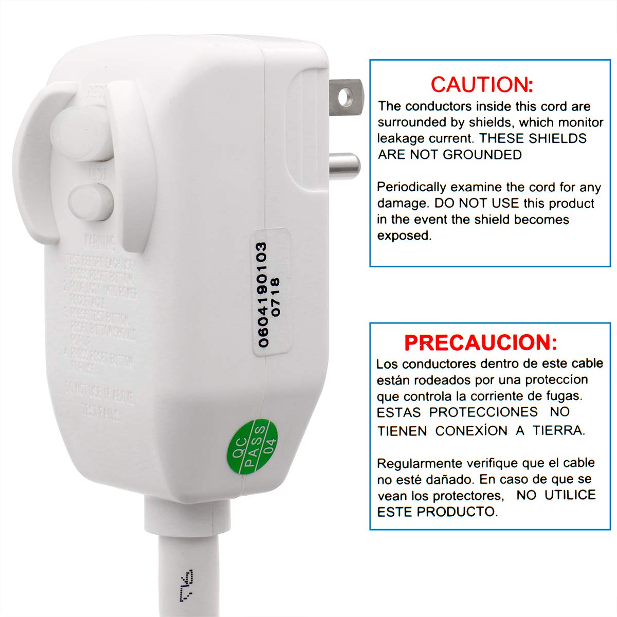 LCDI Power Cord Plug NEMA5-15P Air Conditioning Extension Cable AC120V 13Amp 1560W 60Hz Leakage Current Detection Interrupter UL Listed White