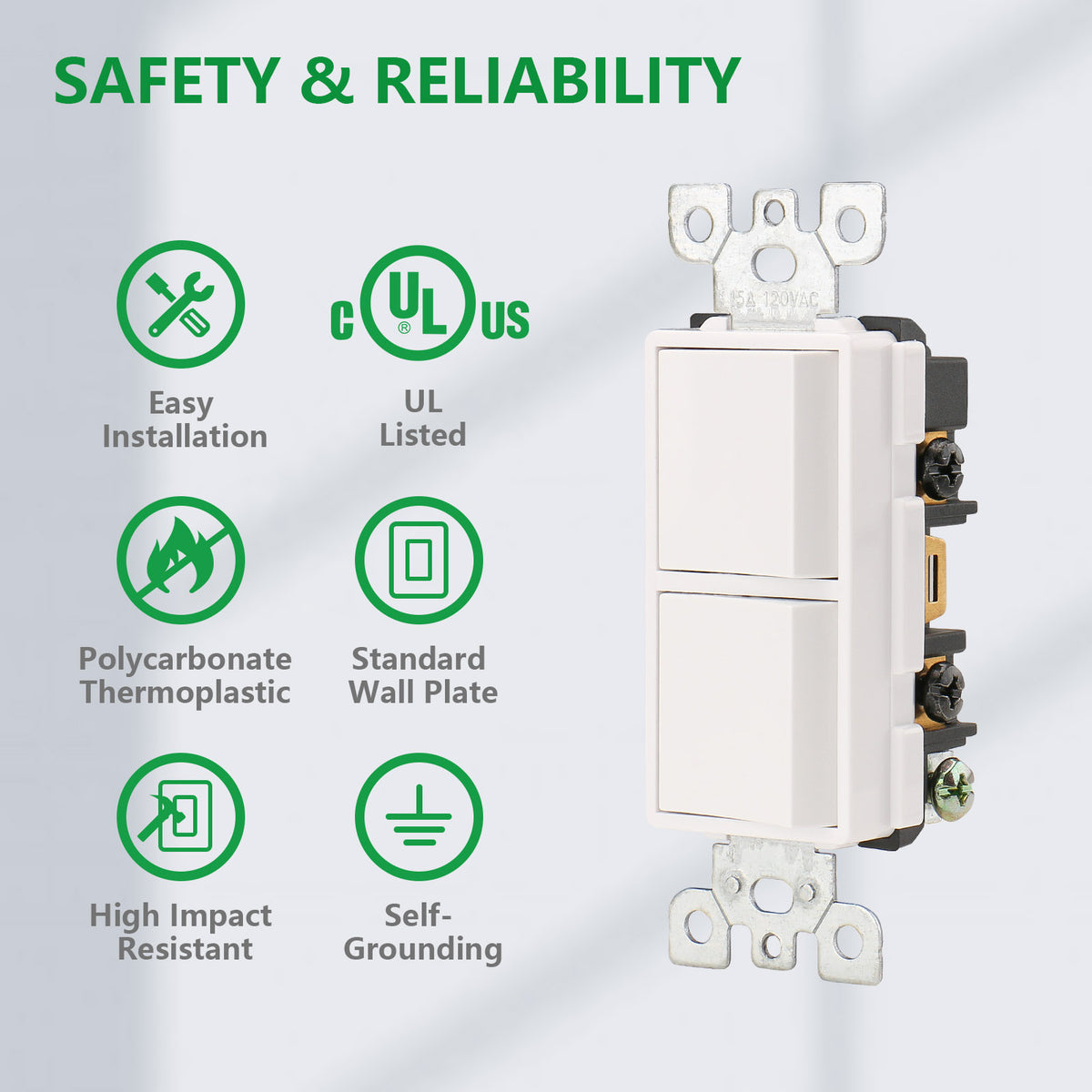 Duplex Rocker Combination Decorator Switch,120-277VAC 15A,Ground Terminal,Residential/Commercial Grade,2 Individual Switches,UL Listed