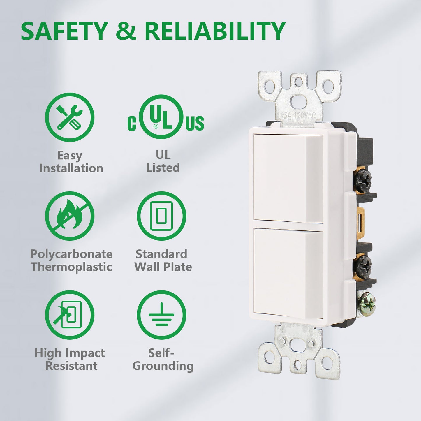 iGFCI Duplex Rocker Combination Decorator Switch,120-277VAC 15A,Ground Terminal,Residential/Commercial Grade,2 Individual Switches,UL Listed,Wall Plate is Included