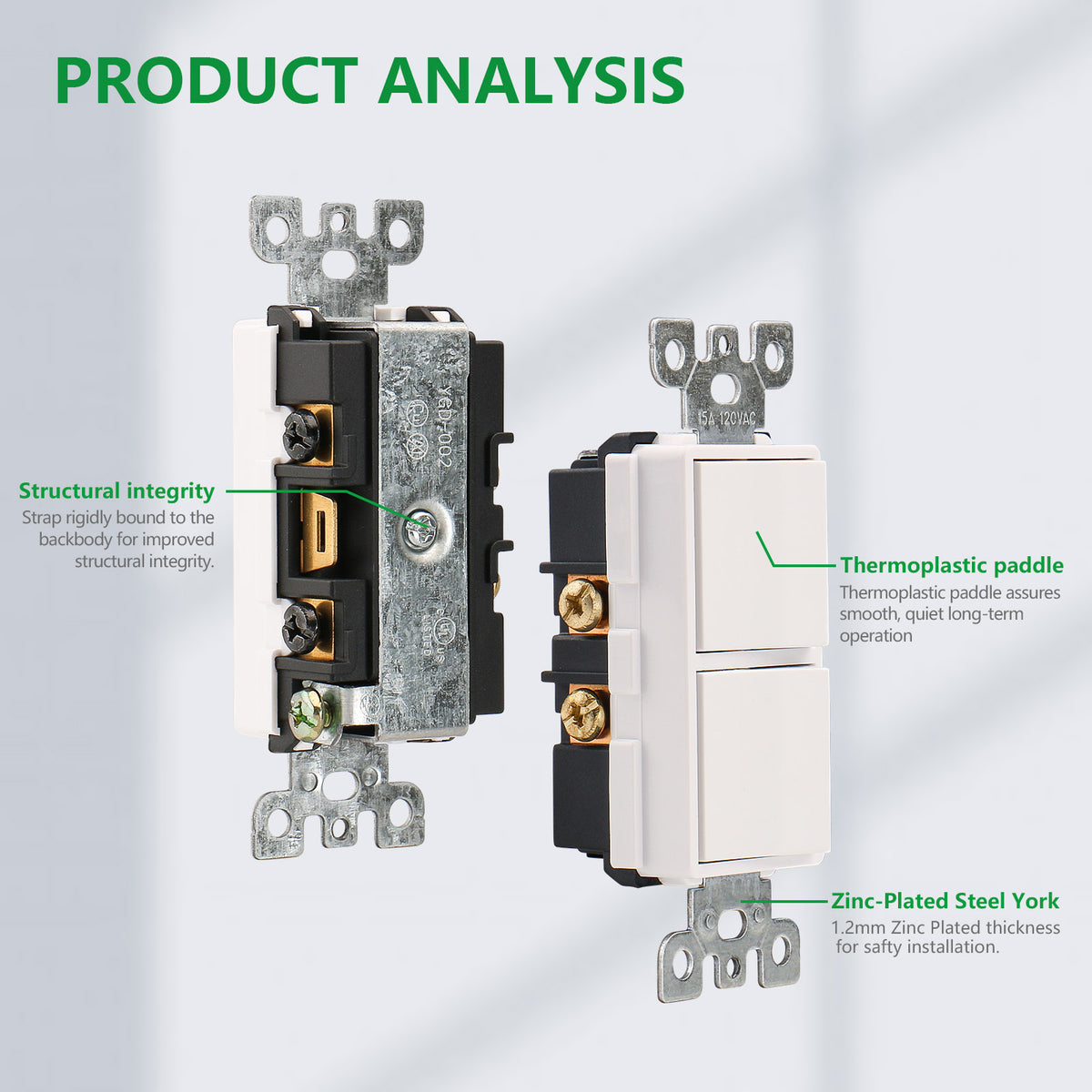 Duplex Rocker Combination Decorator Switch,120-277VAC 15A,Ground Terminal,Residential/Commercial Grade,2 Individual Switches,UL Listed