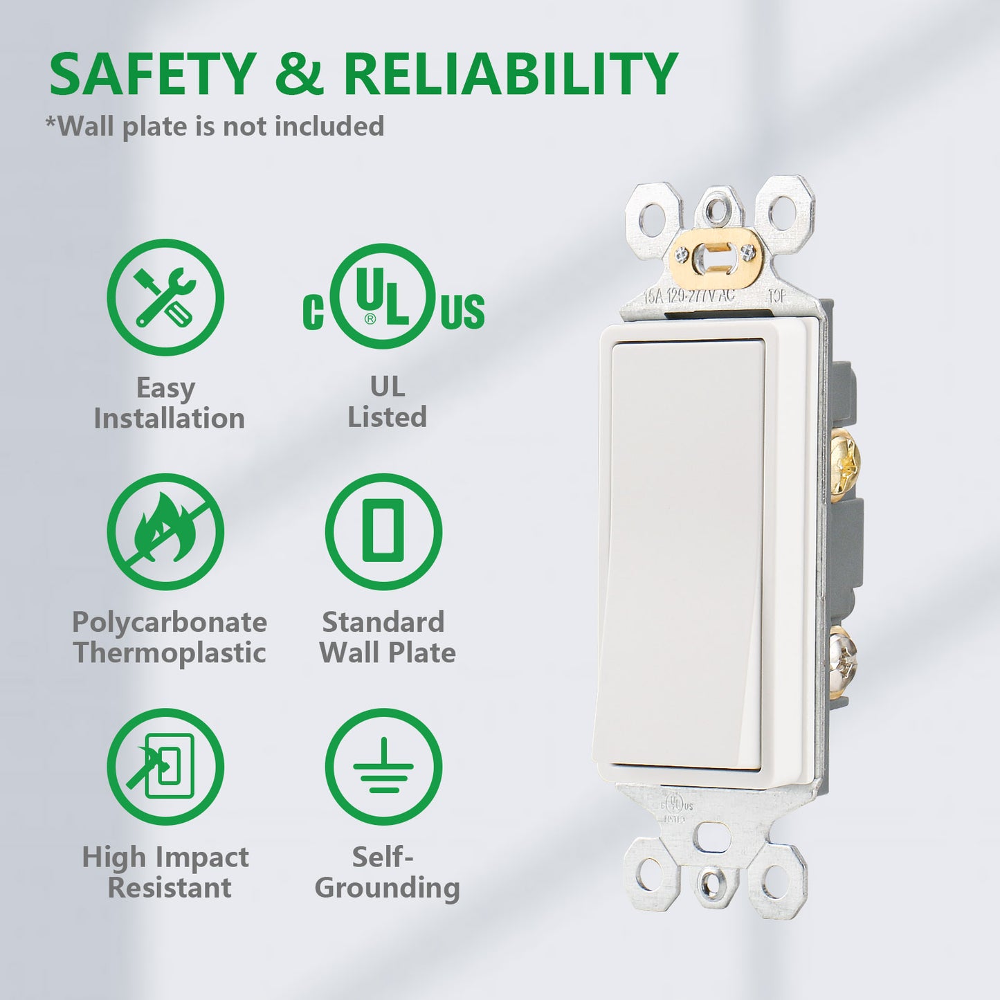iGFCI Rocker Decorator Light Switch,3 way 120/277V 15Amp,Self-grounding Electrical Light Switches,On/Off Wall Switch,UL Listed White