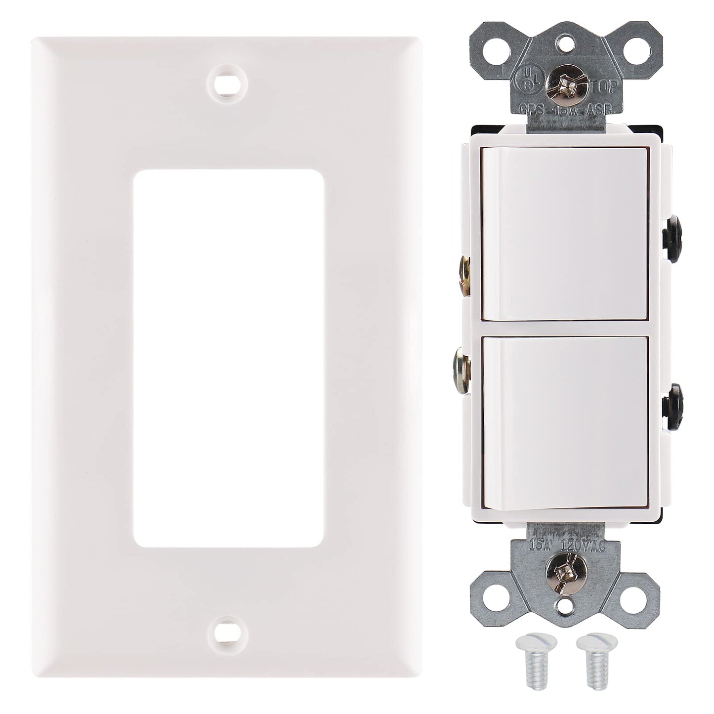 iGFCI Duplex Rocker Combination Decorator Switch,120-277VAC 15A,Ground Terminal,Residential/Commercial Grade,2 Individual Switches,UL Listed,Wall Plate is Included