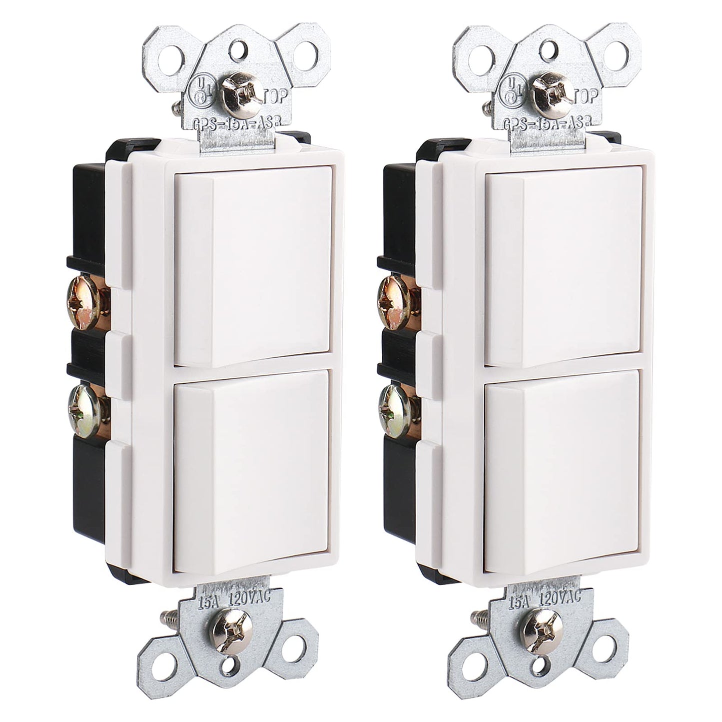 iGFCI Duplex Rocker Combination Decorator Switch,120-277VAC 15A,Ground Terminal,Residential/Commercial Grade,2 Individual Switches,UL Listed,Wall Plate is Included