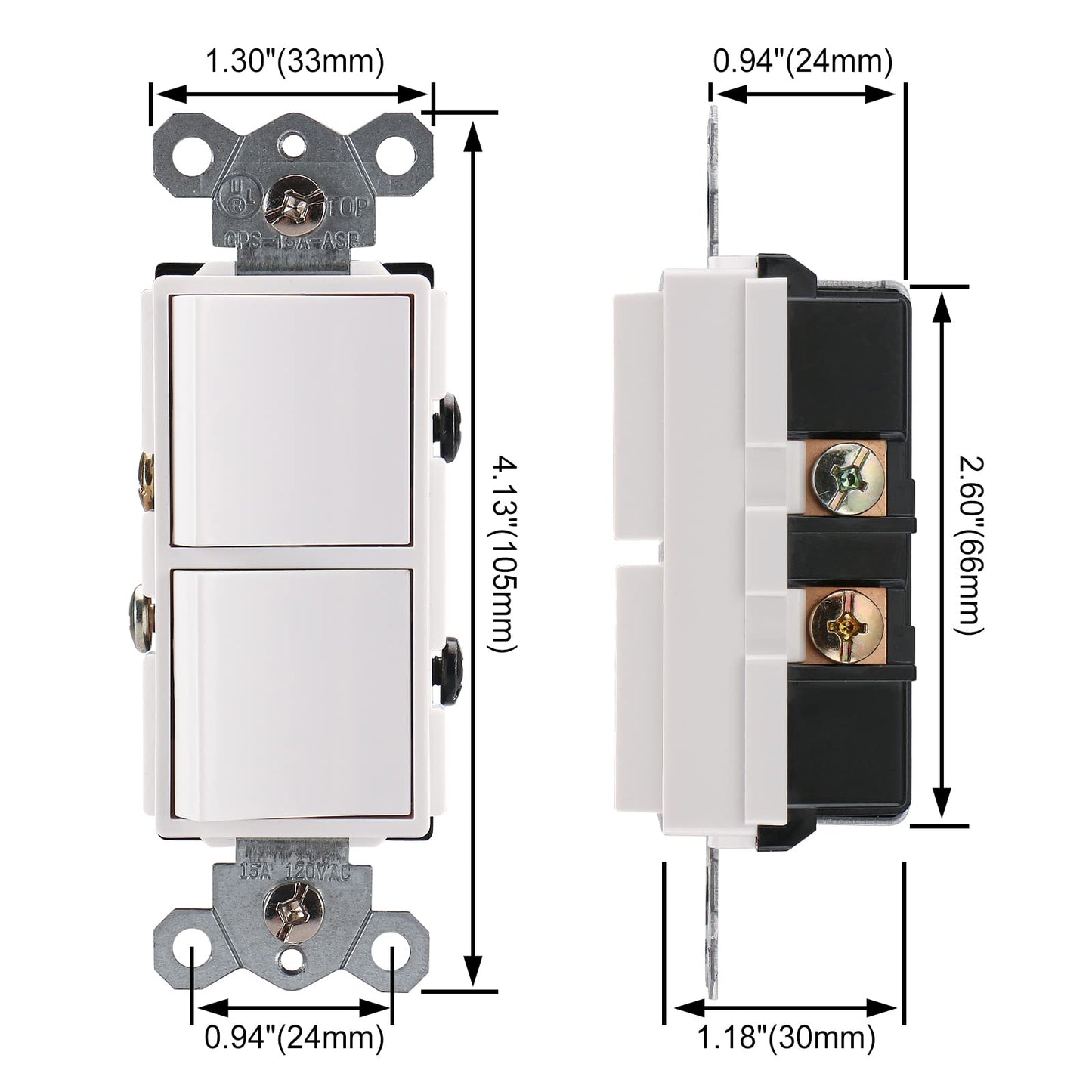 iGFCI Duplex Rocker Combination Decorator Switch,120-277VAC 15A,Ground Terminal,Residential/Commercial Grade,2 Individual Switches,UL Listed,Wall Plate is Included