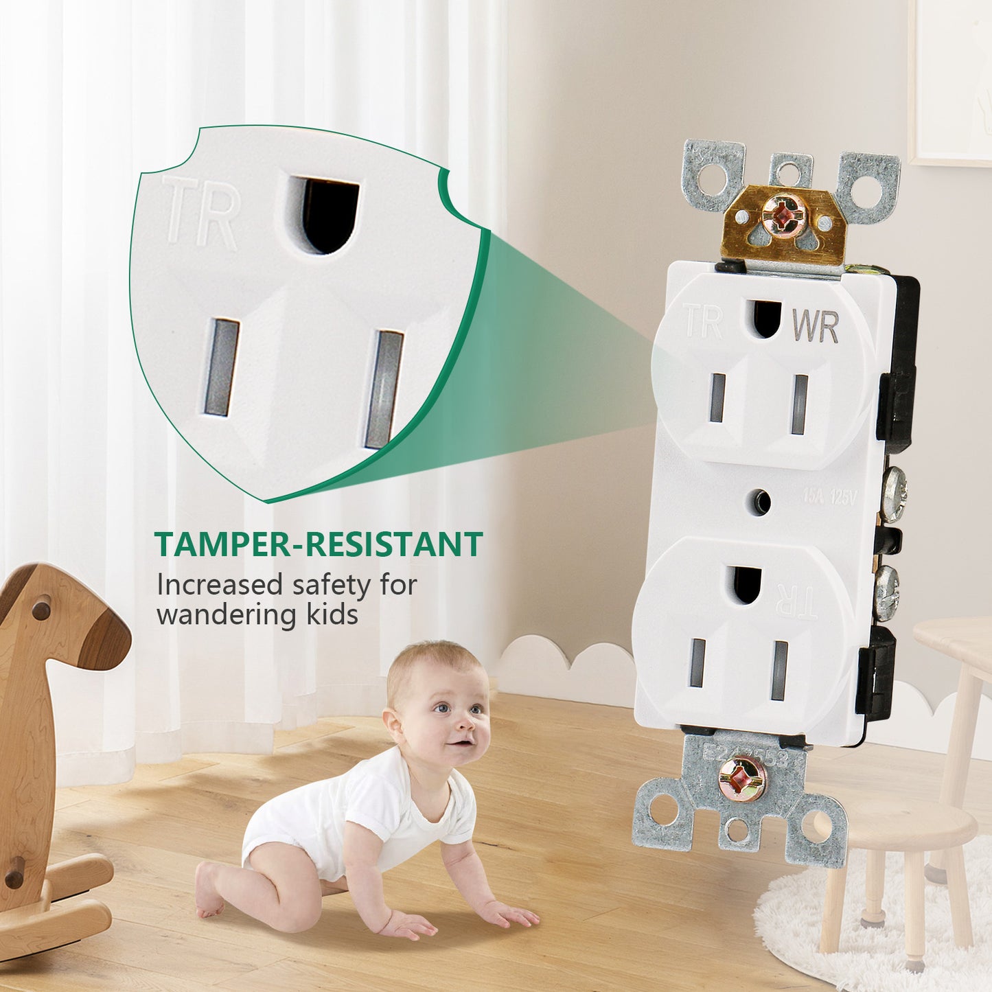 iGFCI Duplex Electrical Receptacle Outlets,Tamper Resistant Weather Resistant 15Amp Standard Electrical Wall Outlet,125V, 2 Pole 3 Wire,UL Listed