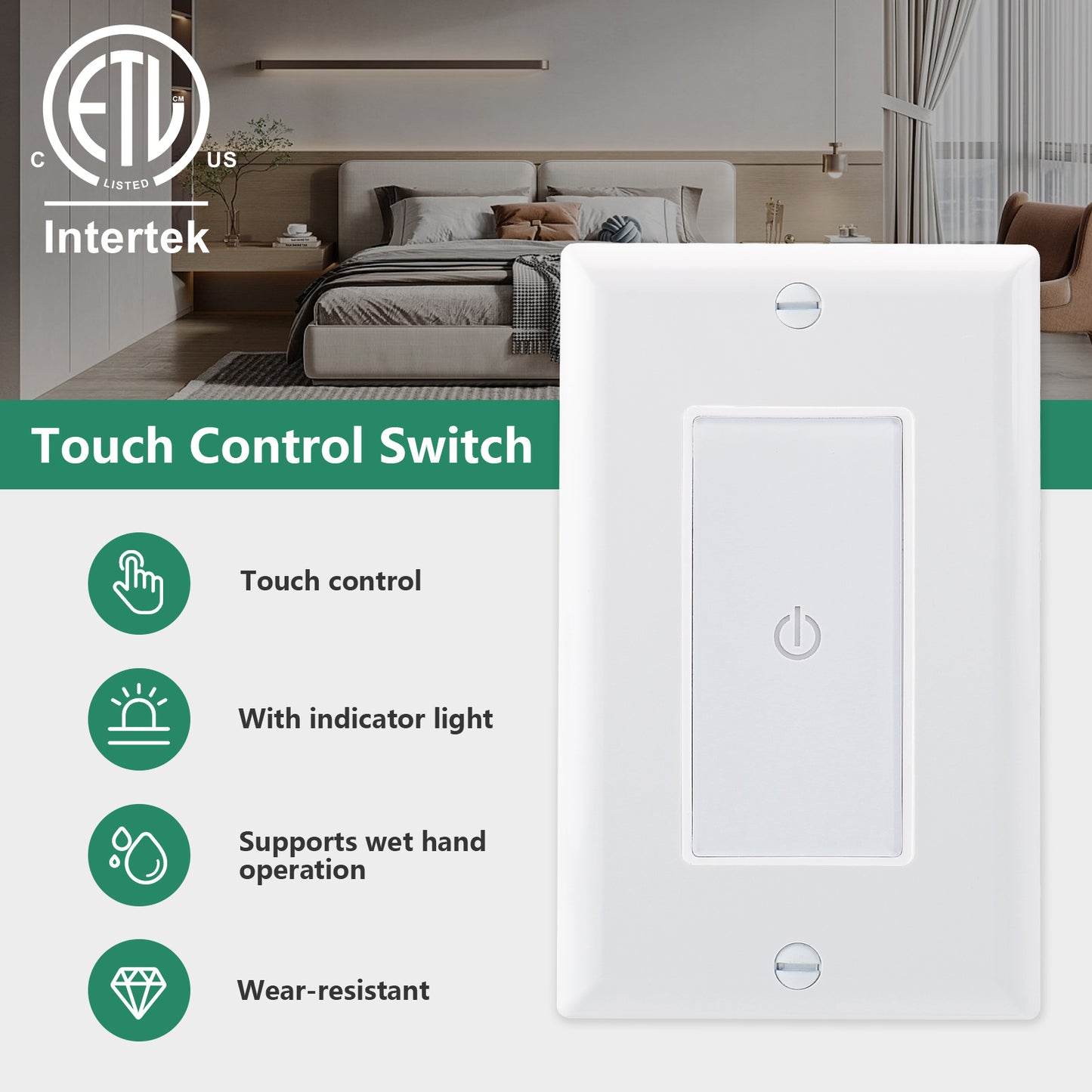iGFCI Wall Touch Light Switch Capacitive Touch Switch with Led Indicator 480W Tungsten Lamp/Incandescent Lamp 150W LED,ETL Listed,White
