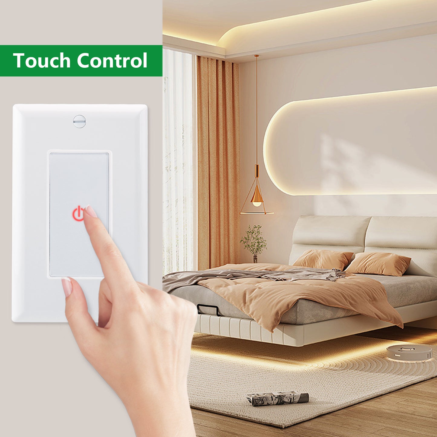 iGFCI Wall Touch Light Switch Capacitive Touch Switch with Led Indicator 480W Tungsten Lamp/Incandescent Lamp 150W LED,ETL Listed,White