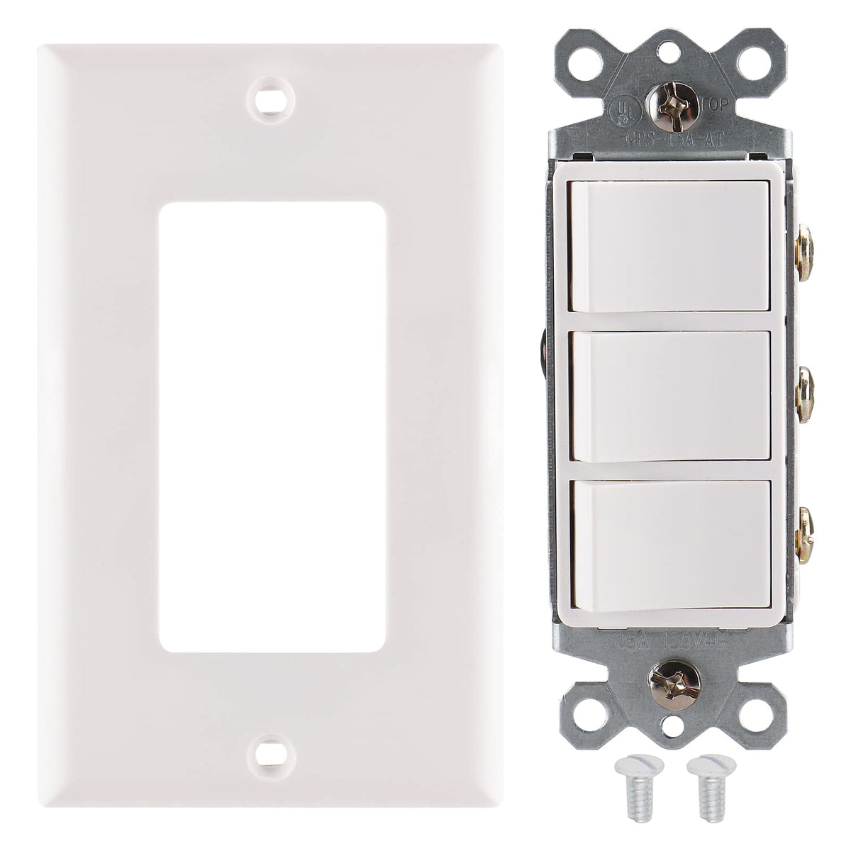 iGFCI Triple Rocker Combination Decorator Switch,15A 120-277VAC,Ground Terminal,Residential/Commercial Grade,3 Individual Switches,UL Listed,Wall Plate isIncluded