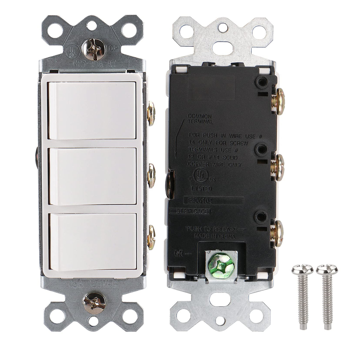 iGFCI Triple Rocker Combination Decorator Switch,15A 120-277VAC,Ground Terminal,Residential/Commercial Grade,3 Individual Switches,UL Listed,Wall Plate isIncluded