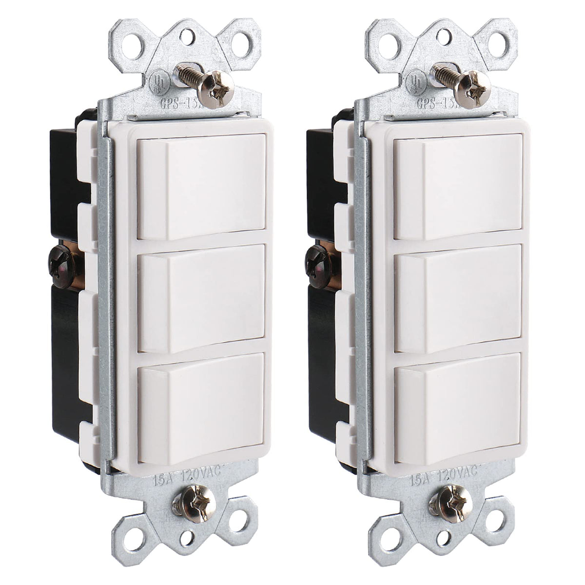 iGFCI Triple Rocker Combination Decorator Switch,15A 120-277VAC,Ground Terminal,Residential/Commercial Grade,3 Individual Switches,UL Listed,Wall Plate isIncluded