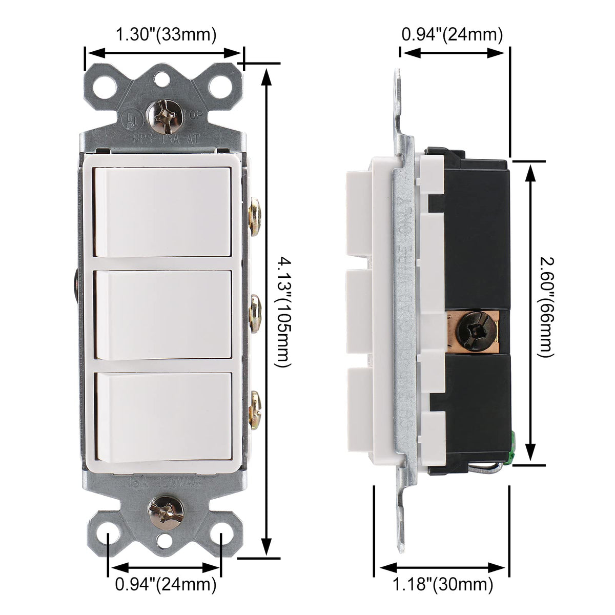 iGFCI Triple Rocker Combination Decorator Switch,15A 120-277VAC,Ground Terminal,Residential/Commercial Grade,3 Individual Switches,UL Listed,Wall Plate isIncluded