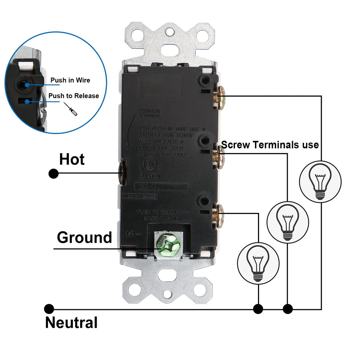 iGFCI Triple Rocker Combination Decorator Switch,15A 120-277VAC,Ground Terminal,Residential/Commercial Grade,3 Individual Switches,UL Listed,Wall Plate isIncluded