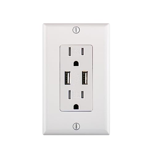 15A 2 Type A USB Outlet Receptacles,4.2A Charger Outlet with Dual USB Ports,Electrical USB Socket, ETL Listed,Wall Plate Included,White