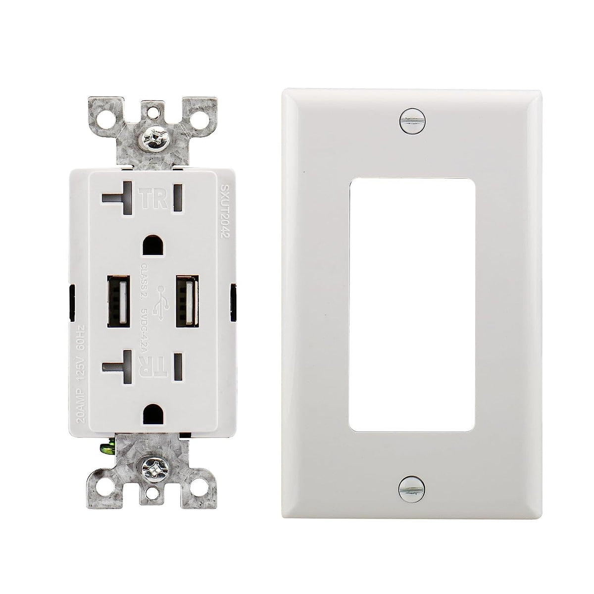 20A 2 Type A USB Outlet Receptacles,4.2A Charger Outlet with Dual USB Ports,Electrical USB Socket, ETL Listed,Wall Plate Included,White