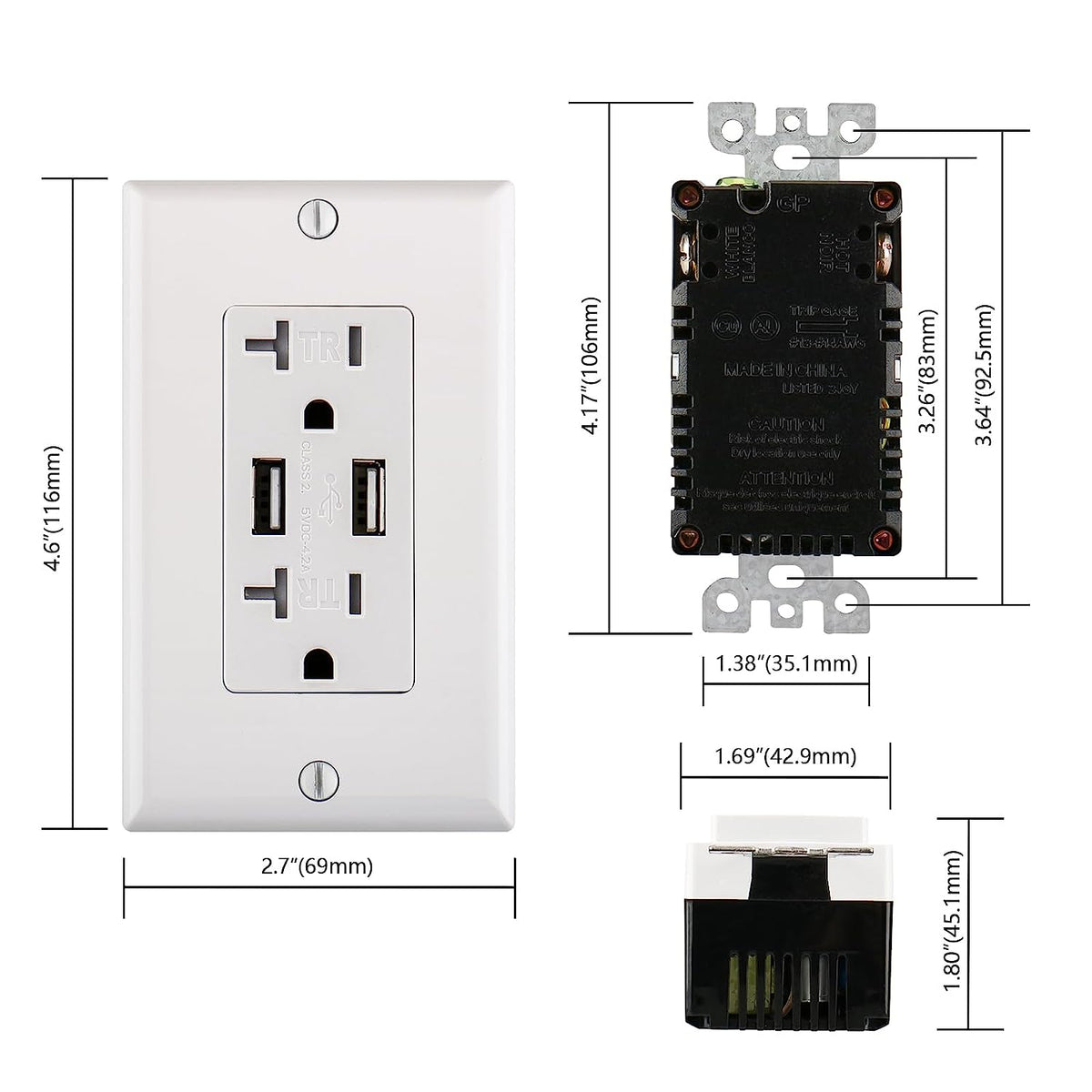 20A 2 Type A USB Outlet Receptacles,4.2A Charger Outlet with Dual USB Ports,Electrical USB Socket, ETL Listed,Wall Plate Included,White