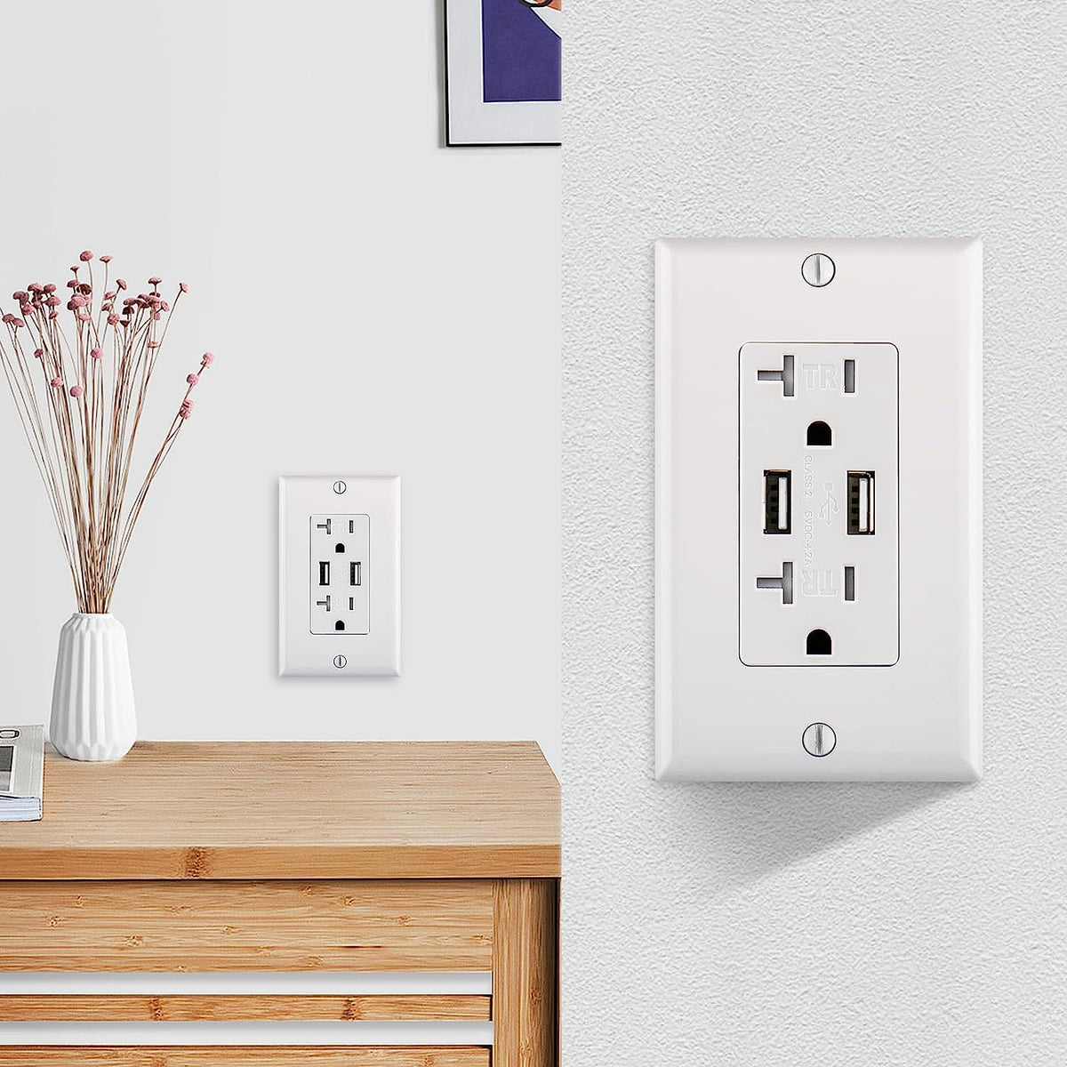 20A 2 Type A USB Outlet Receptacles,4.2A Charger Outlet with Dual USB Ports,Electrical USB Socket, ETL Listed,Wall Plate Included,White