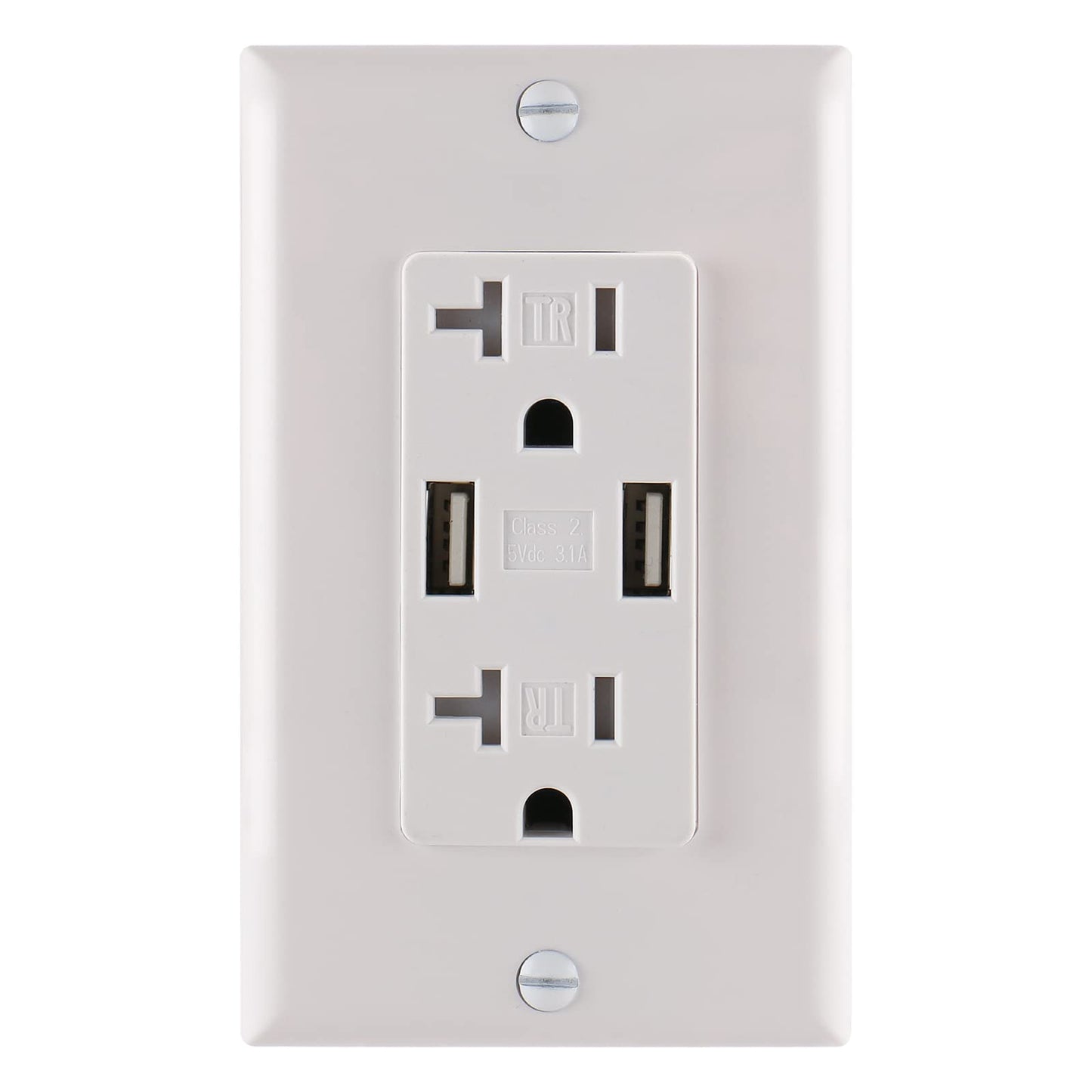 USB Wall Outlet,20 Amp Duplex Tamper Resistant Outlet with 3.1A 5VDC USB Ports,UL Listed,Electrical USB Socket,White,Wall Plate is Included,Pack of 1