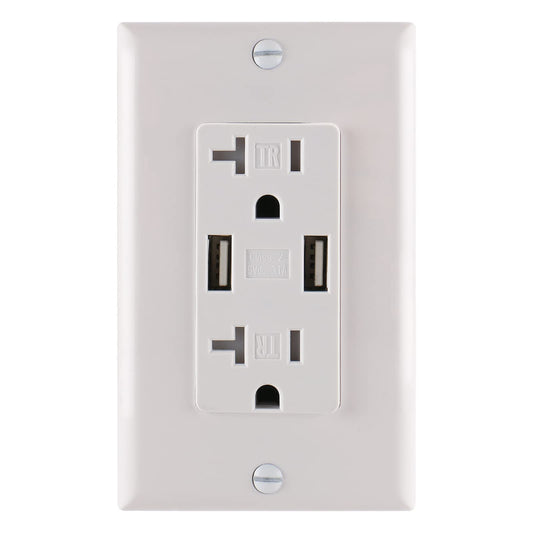 USB Wall Outlet,20 Amp Duplex Tamper Resistant Outlet with 3.1A 5VDC USB Ports,UL Listed,Electrical USB Socket,White,Wall Plate is Included,Pack of 1
