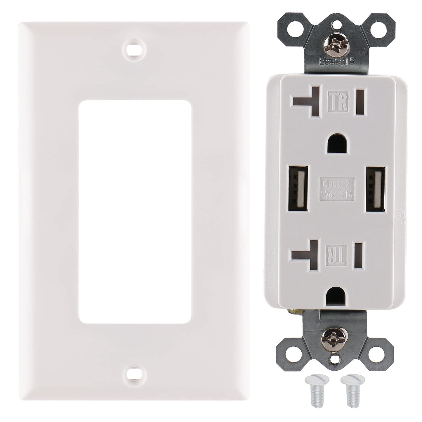 USB Wall Outlet,20 Amp Duplex Tamper Resistant Outlet with 3.1A 5VDC USB Ports,UL Listed,Electrical USB Socket,White,Wall Plate is Included,Pack of 1