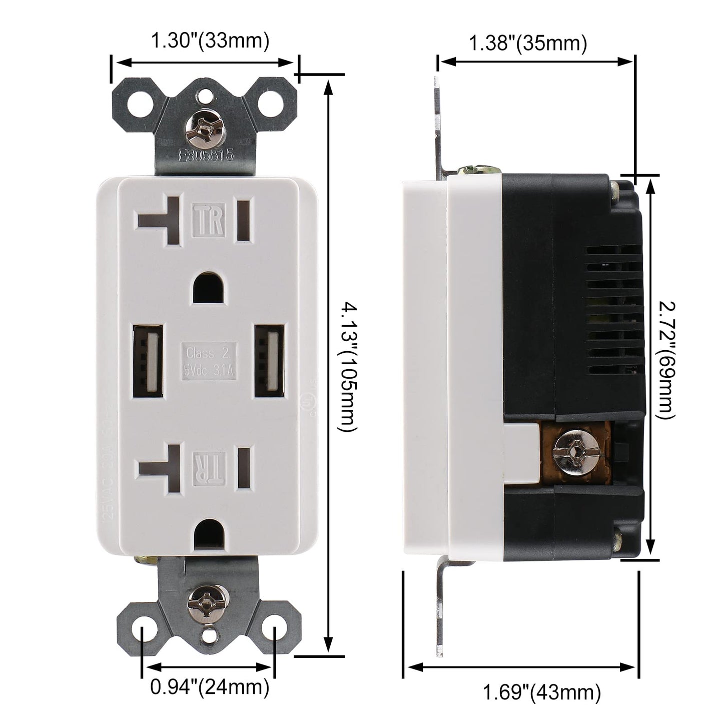 USB Wall Outlet,20 Amp Duplex Tamper Resistant Outlet with 3.1A 5VDC USB Ports,UL Listed,Electrical USB Socket,White,Wall Plate is Included,Pack of 1