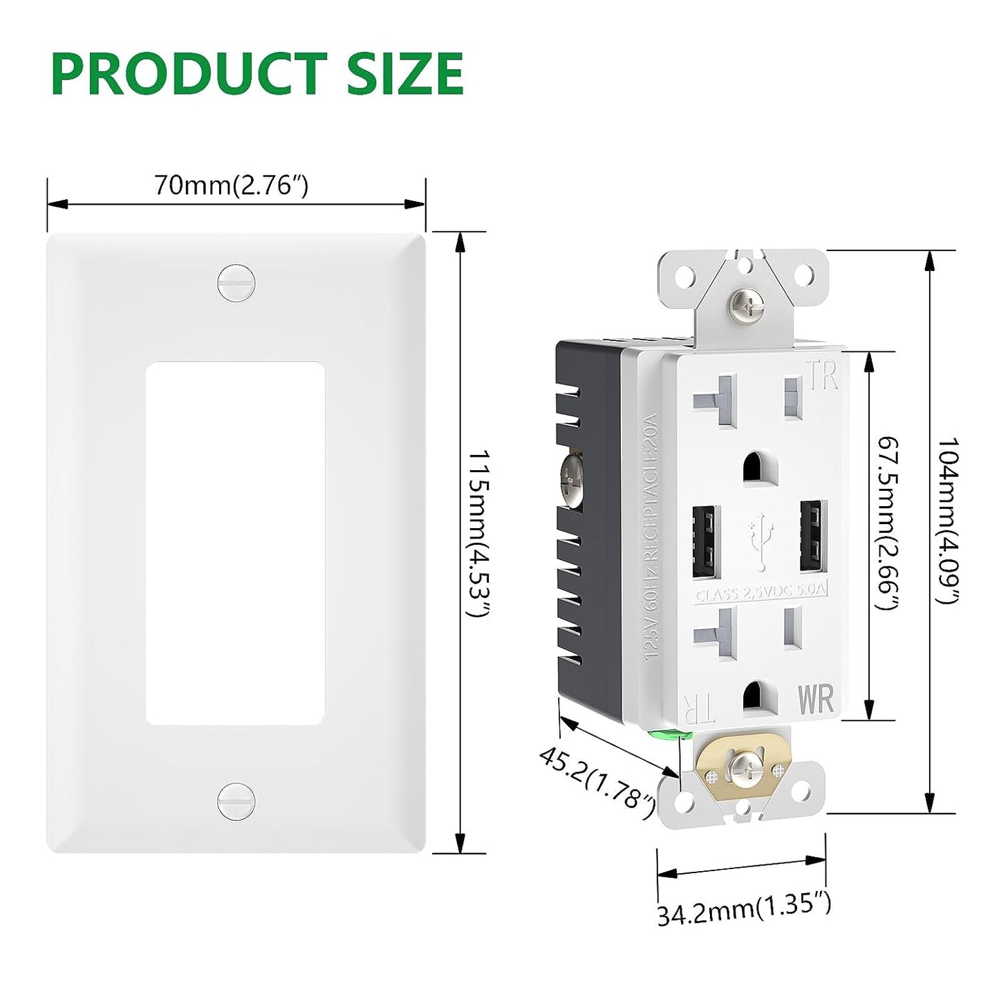 iGFCI 20Amp USB Outlet,5Amp Charger High Speed Wall Outlet,Wall Plate Included, Tamper Resistant WR Duplex Receptacle,UL Listed