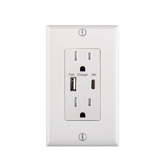 USB PD Charger Outlet, QC3.0 PD20W Type C&Type A,15Amp Tamper Resistant Receptacle Plug,Charging Power Outlet with USB Ports,White