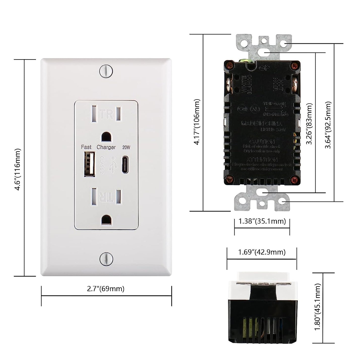 USB PD Charger Outlet, QC3.0 PD20W Type C&Type A,15Amp Tamper Resistant Receptacle Plug,Charging Power Outlet with USB Ports,White