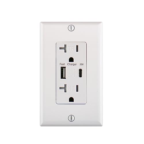 USB PD Charger Outlet, QC3.0 PD20W Type C&Type A,20Amp Tamper Resistant Receptacle Plug,Charging Power Outlet with USB Ports,White