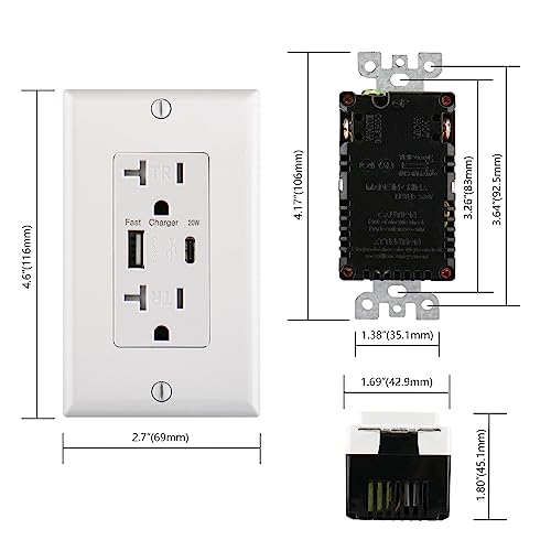 USB PD Charger Outlet, QC3.0 PD20W Type C&Type A,20Amp Tamper Resistant Receptacle Plug,Charging Power Outlet with USB Ports,White