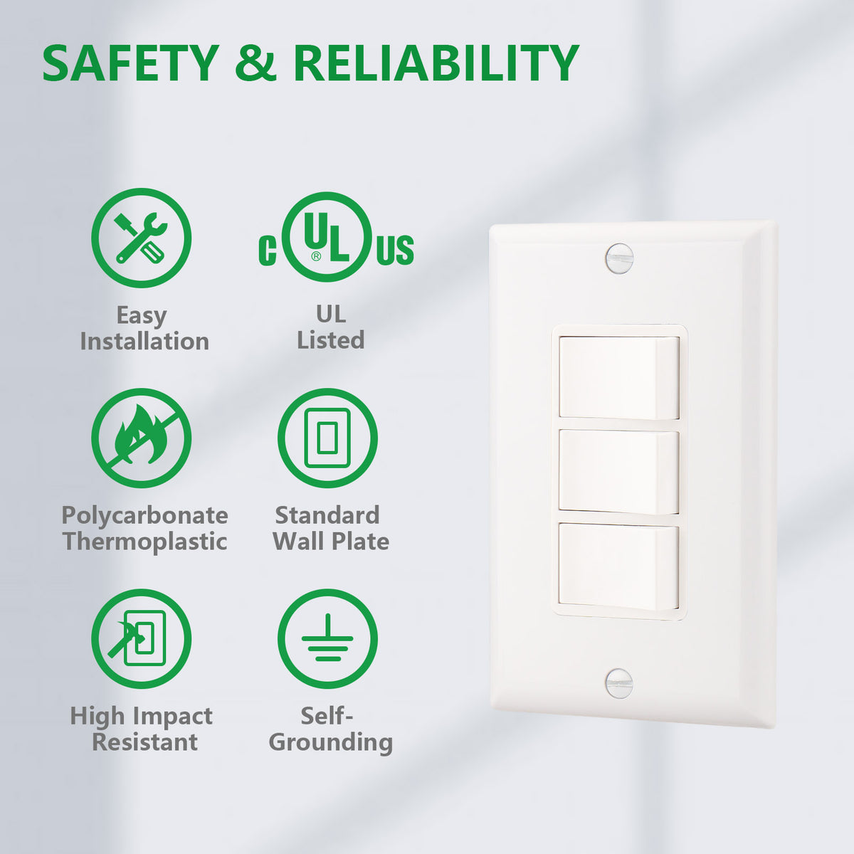 iGFCI Triple Rocker Combination Decorator Switch,15A 120-277VAC,Ground Terminal,Residential/Commercial Grade,3 Individual Switches,UL Listed,Wall Plate isIncluded