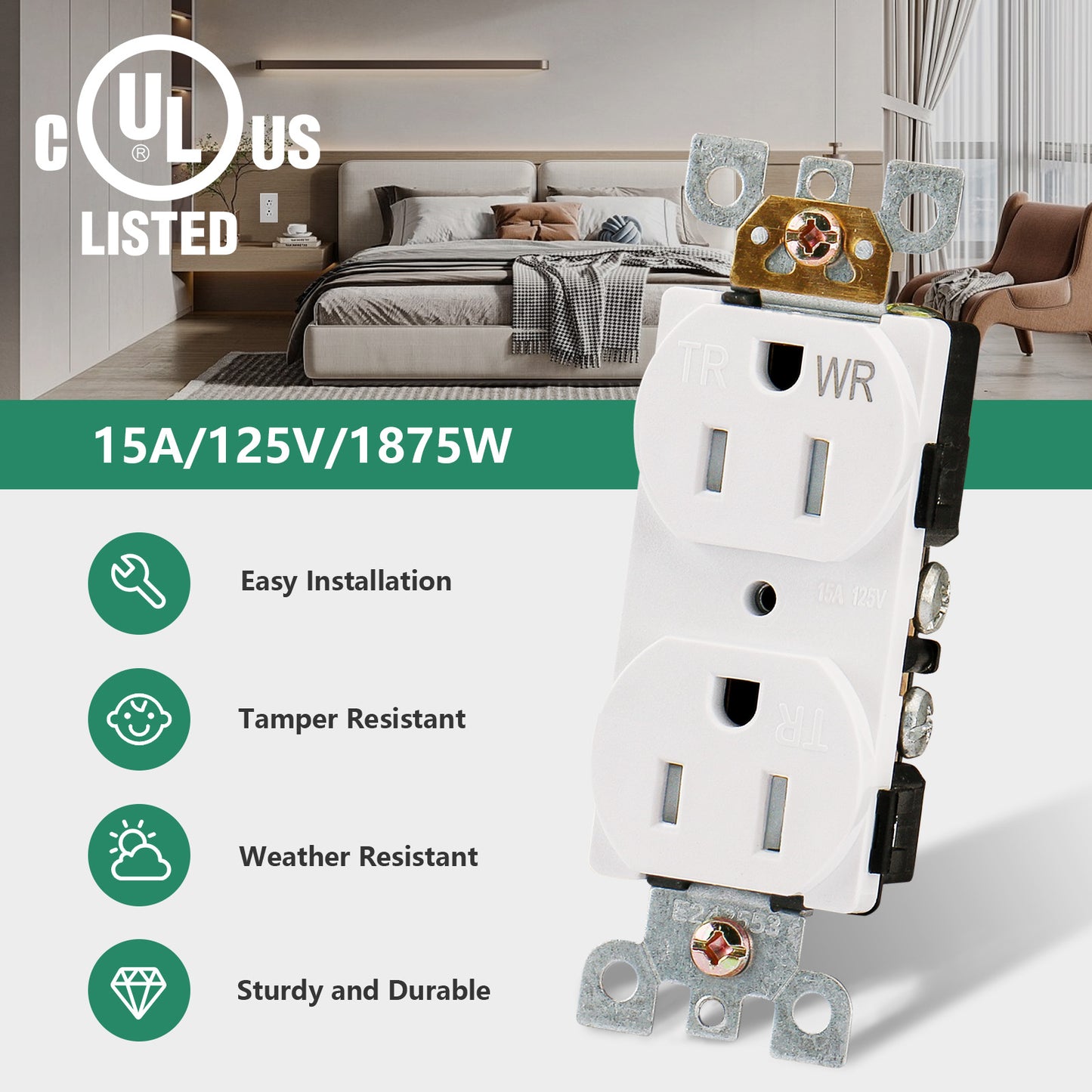 iGFCI Outlet Socket,Decora Receptacle,20Amp Standard Electrical Wall Outlet,Weather Resistant Tamper Resistant,Wall Plates Included, White, UL listed