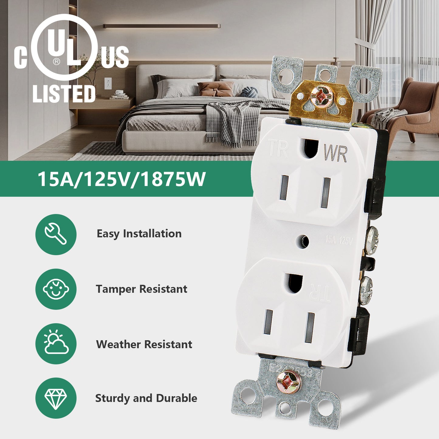 iGFCI Duplex Electrical Receptacle Outlets,Tamper Resistant Weather Resistant 15Amp Standard Electrical Wall Outlet,125V, 2 Pole 3 Wire,UL Listed