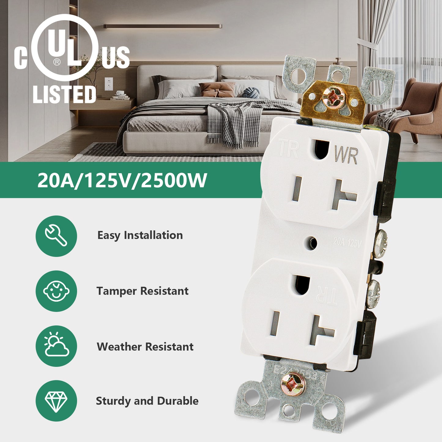 iGFCI Outlet Socket,Decora Receptacle,15Amp Standard Electrical Wall Outlet,Weather Resistant Tamper Resistant,Wall Plates Included, White, UL listed