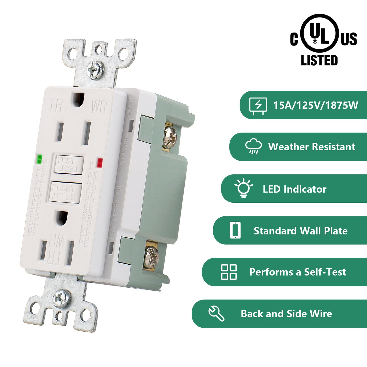 GFCI Receptacle Outlet,125VAC 15Amp,Weather-Resistant and Tamper-Resistant,Ground Fault Circuit Interrupter Outlet for Kitchen,Bathroom,Indoor or Outdoor Use,White